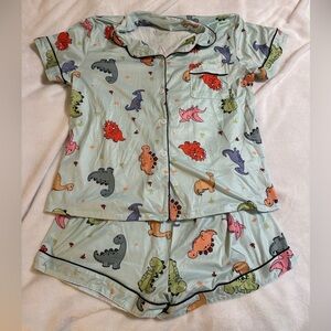 Women’s Dinosaur Print Pajama Short Set - Light Blue size L